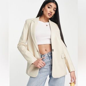 Stradivarius Faux Leather Blazer in Ecru